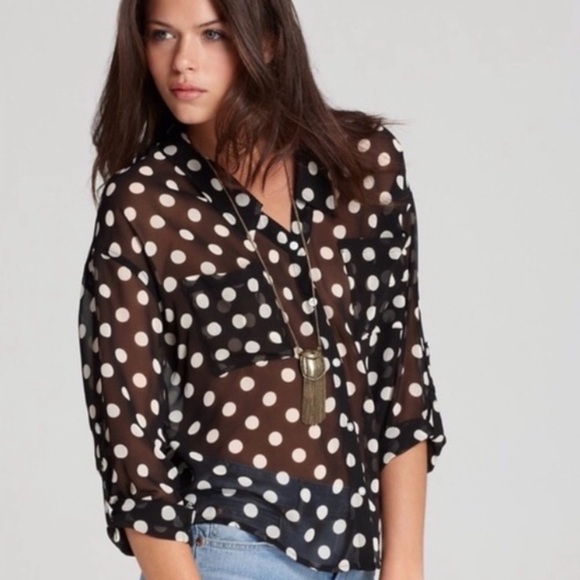 Free People Black Polka Dot Adjustable Sleeves Blouse - See Measurements!! - Picture 2 of 14